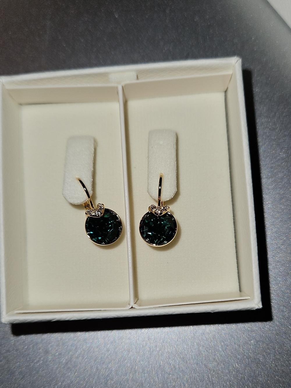 Swarovski Gold-Tone Drop Earrings with Deep Green Crystals